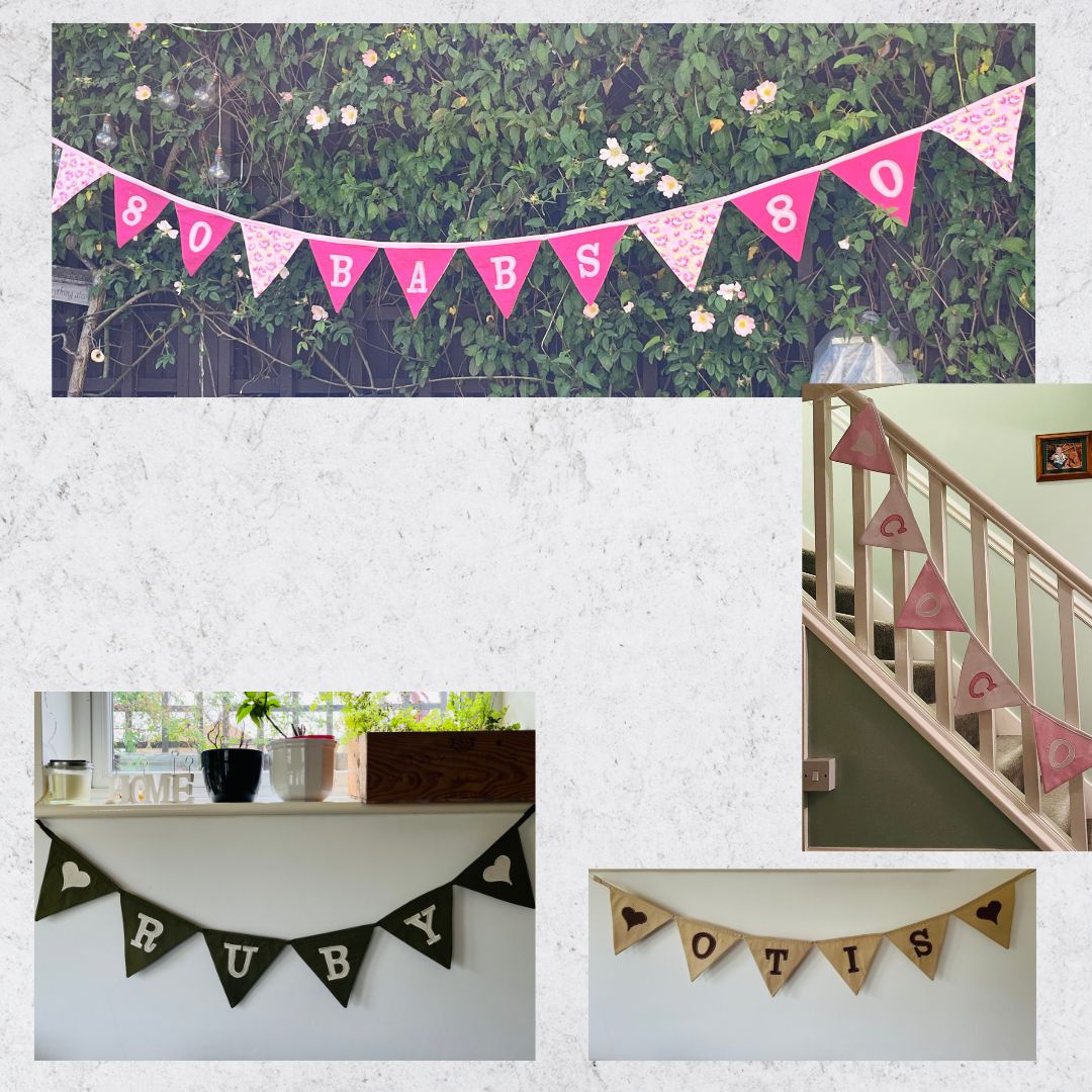Image showing personalised bunting in the garden, on the stairs and on a wall