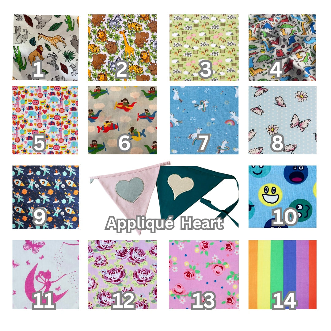 Image showing the 14 fabric options for our personalised applique bunting