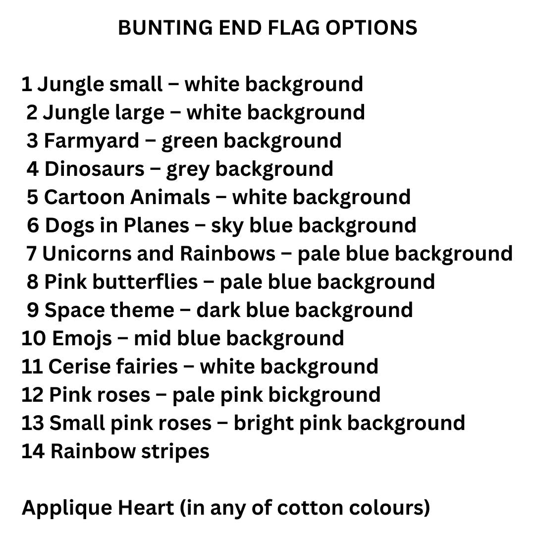 Image with wording showing the fabric choices for customers to choose from for our personalised bunting