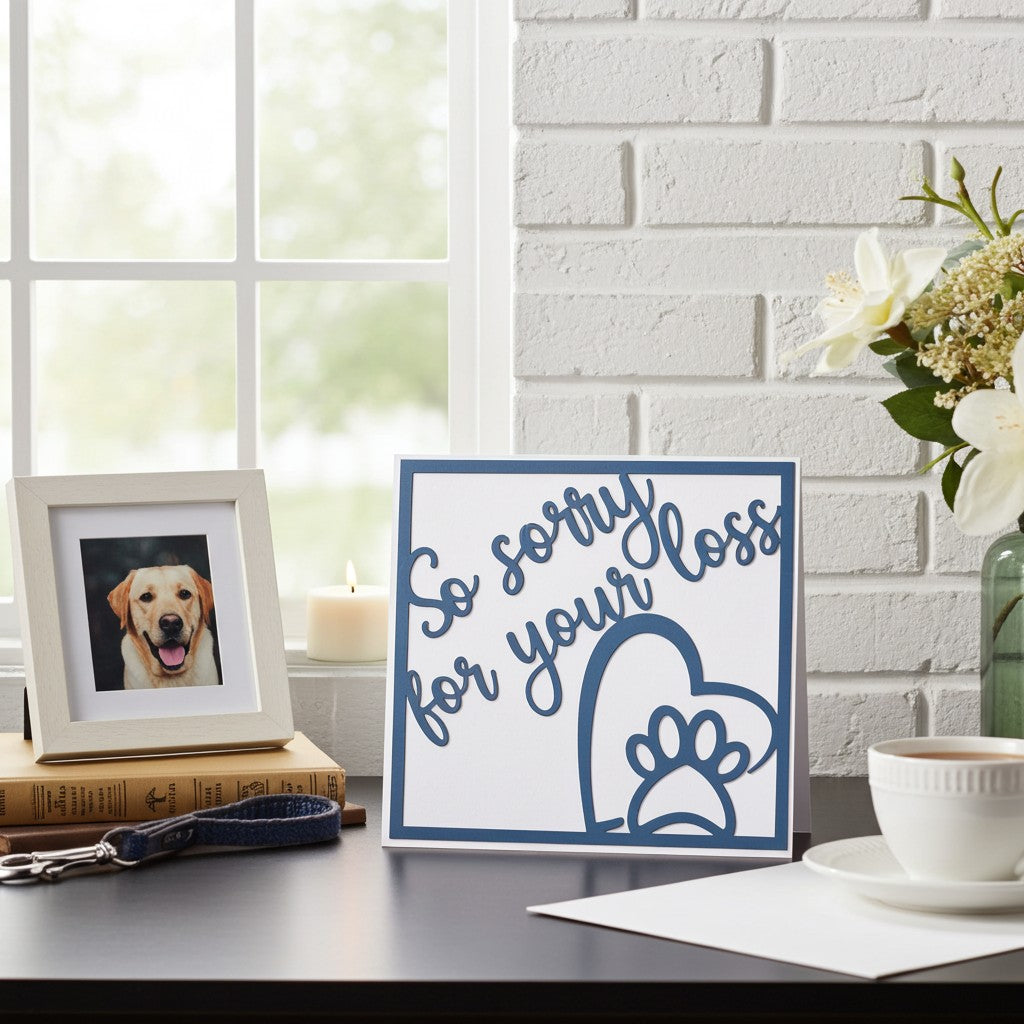 A square white memorial card with blue border and the words 'So sorry for your loss' plus a paw print and heart design, styled on a tabletop beside a framed pet photo, candle, flowers, and a cup in a bright indoor setting.