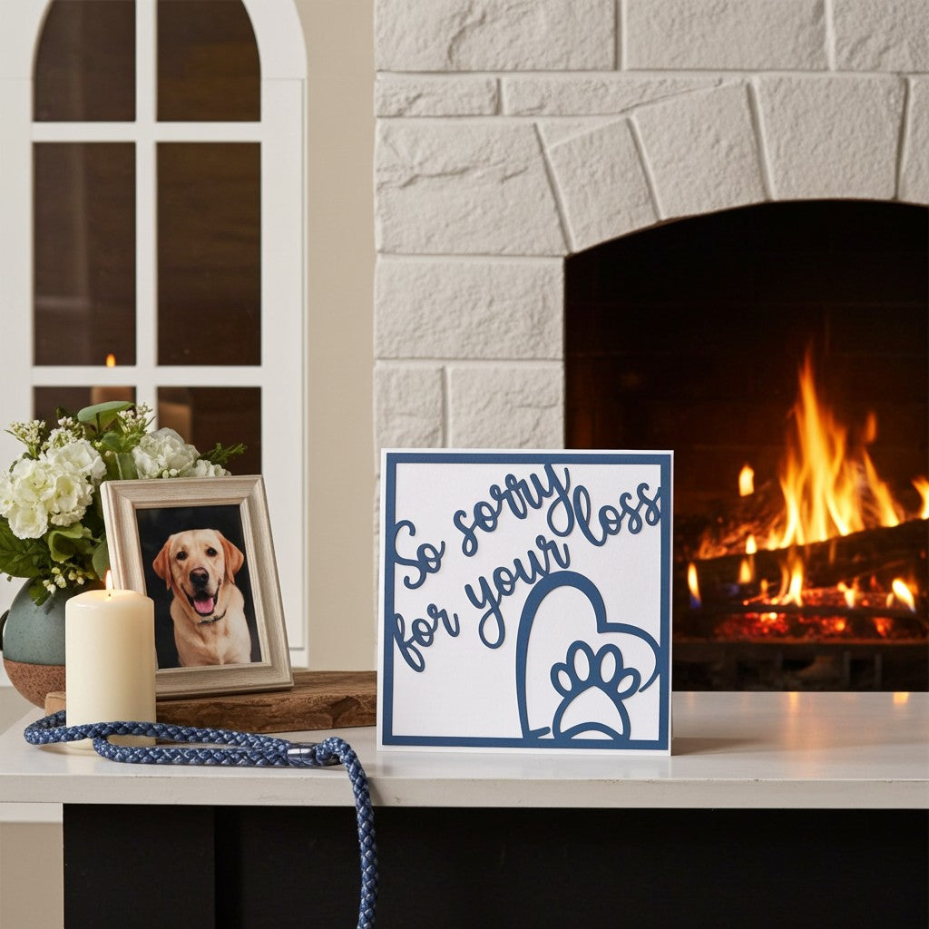 A square white memorial card with blue text reading 'So sorry for your loss' and a blue paw print outline, displayed on a fireplace mantel beside a candle, flowers, a framed dog photo, and a blue rope. A real indoor home environment with a burning fireplace is visible