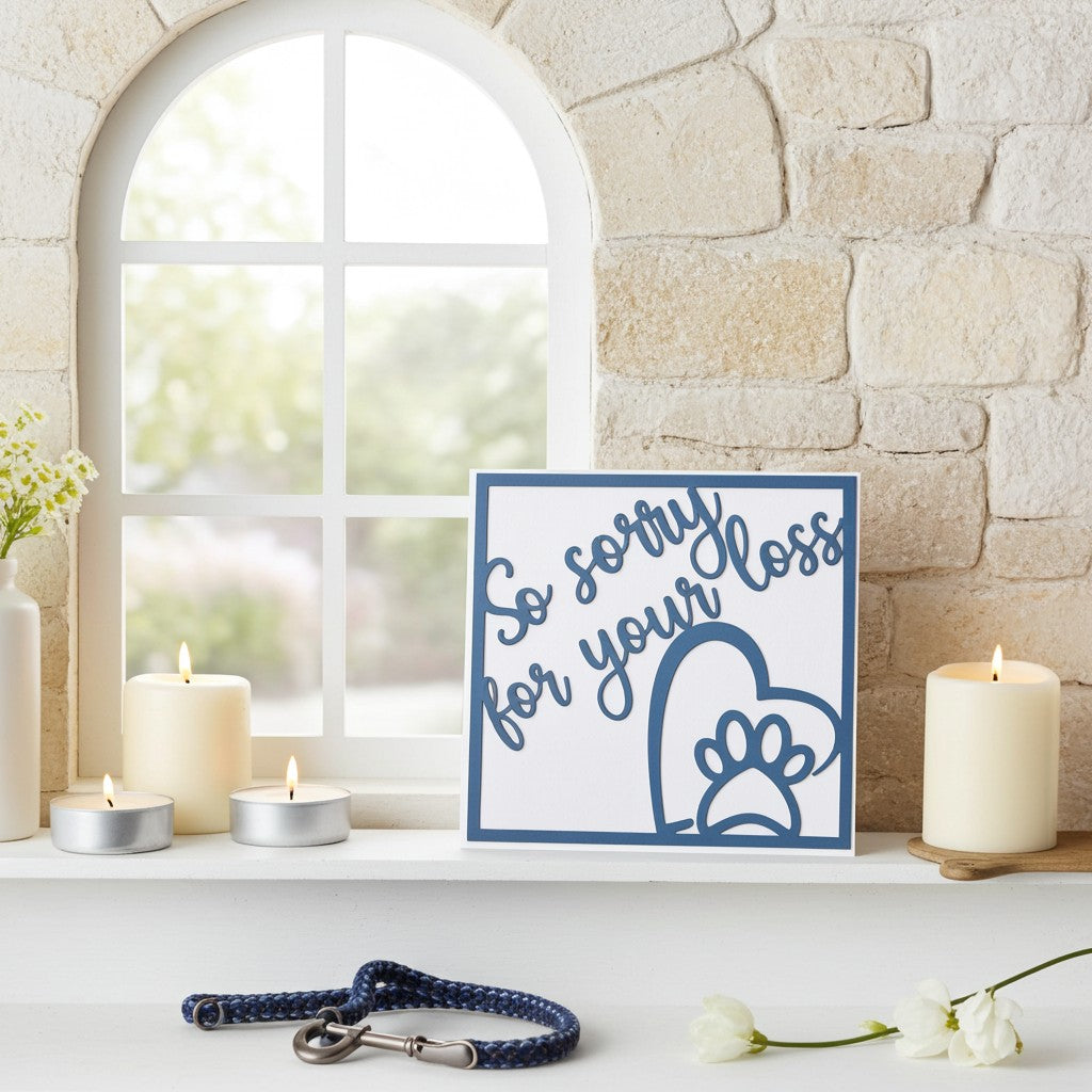 A square white memorial card with a blue border and the text 'So sorry for your loss' alongside a heart outline and paw print, styled on a shelf with candles, flowers, and a blue leash against a stone wall and arched window.