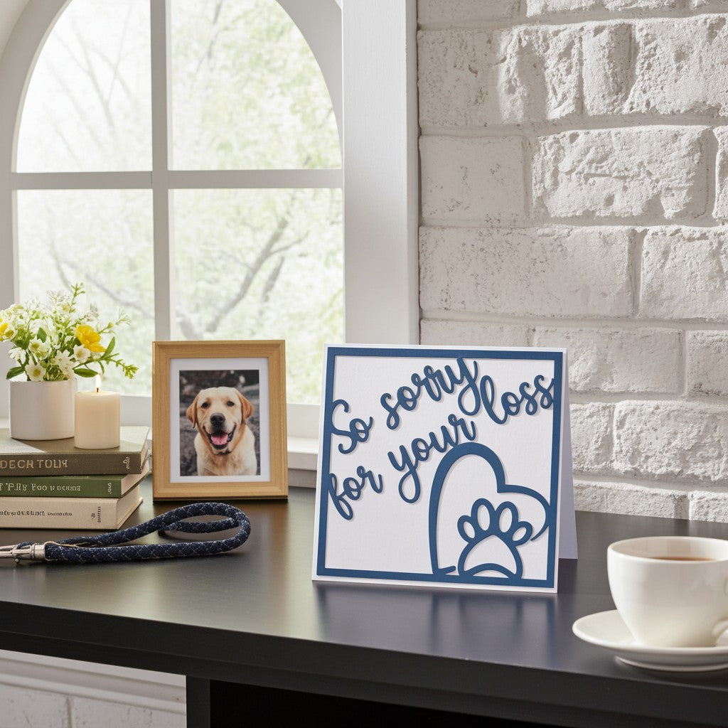 A square white memorial card with blue border and the text 'So sorry for your loss' with a heart and paw print, displayed on a dark tabletop next to a framed dog photo, a cup of tea, and a window in a bright room.