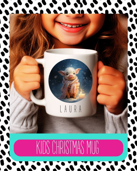 A child holding a white ceramic mug with a personalised text and a Christmas themed design featuring a piglet, against a background with polka dots.