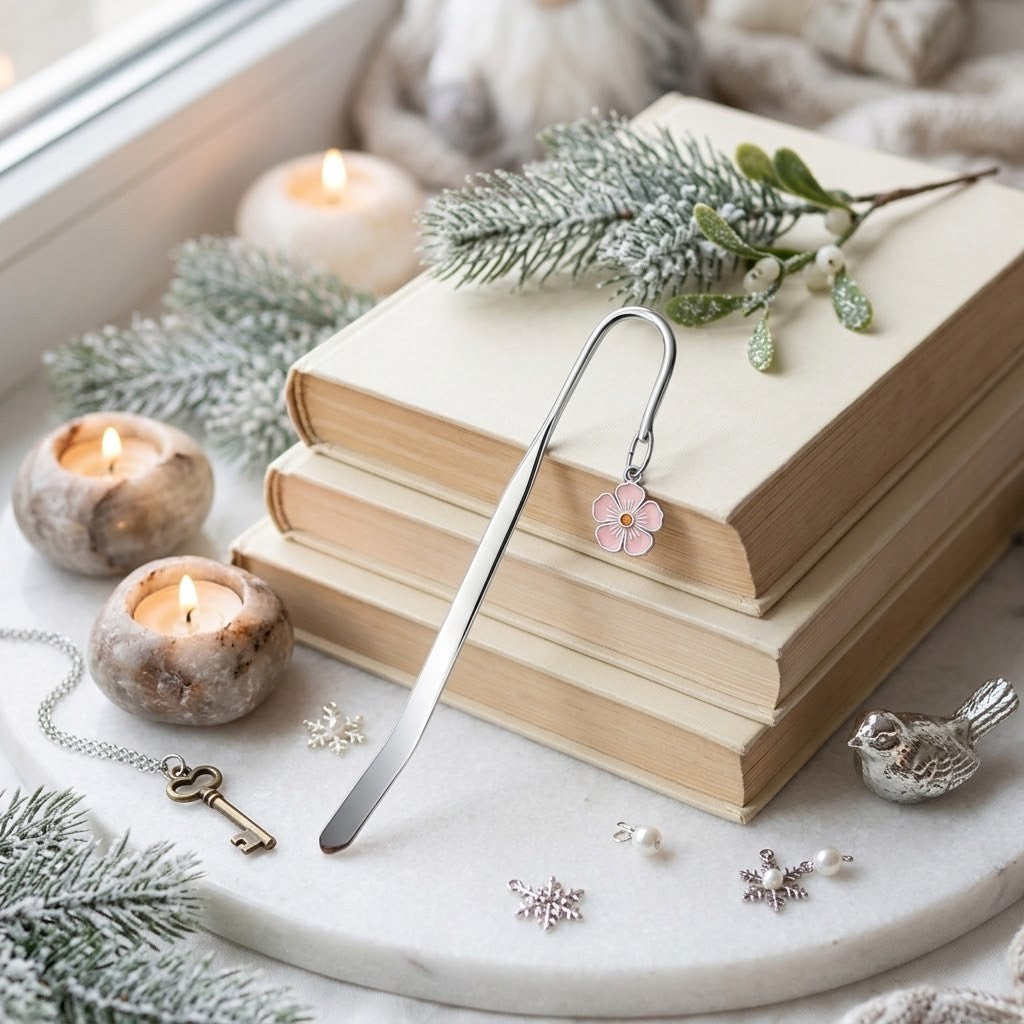 A silver metal bookmark with a small pink flower charm rests on a stack of beige books on a marble tray, styled with candles, evergreen branches, snowflake ornaments, and a silver bird charm.