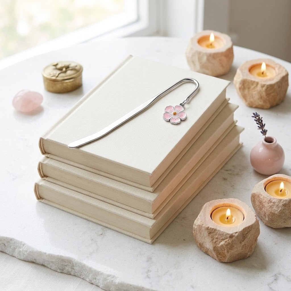 A stack of cream-coloured books on a white marble surface, featuring a silver metal bookmark with a pink flower charm resting on top. The scene is styled with natural stone candle holders, lit candles, a small pink vase, and a rose quartz crystal.