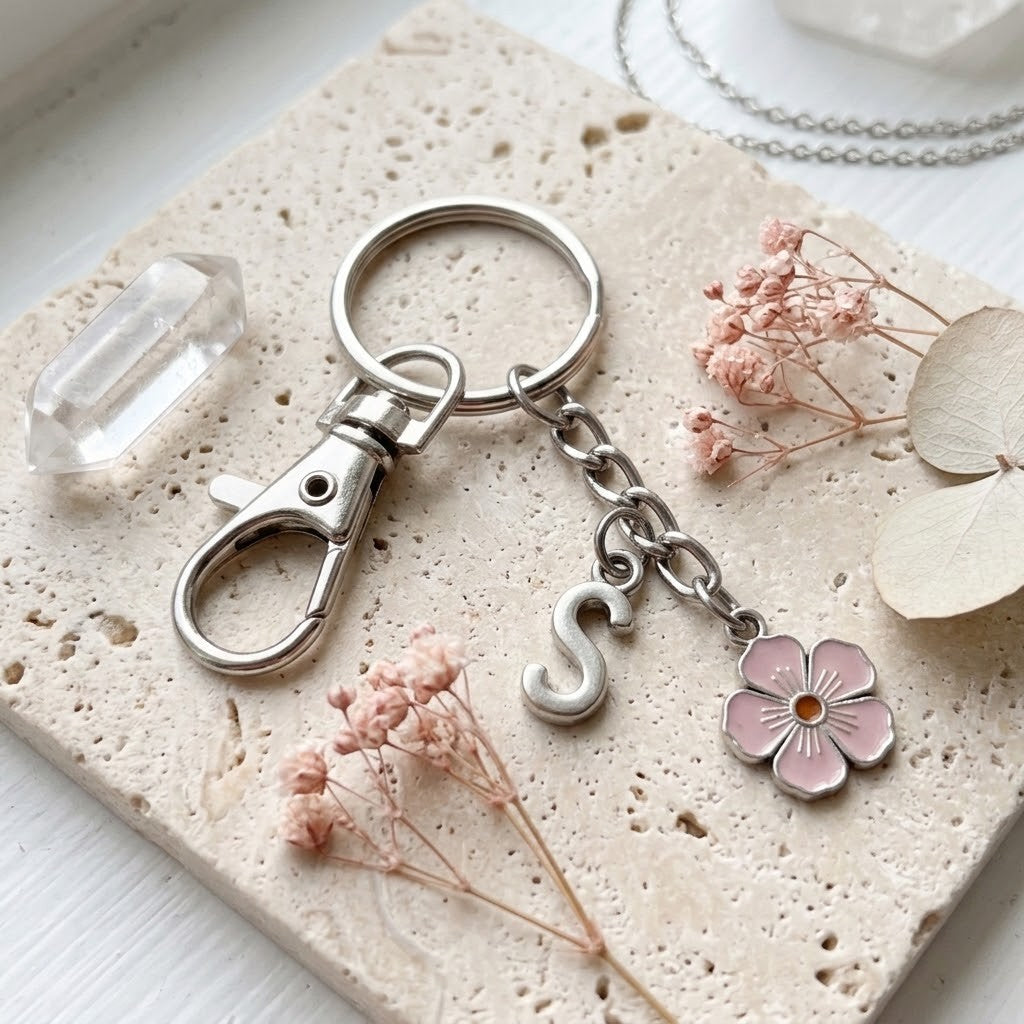 A silver-toned metal keychain with a lobster clasp, a dangling letter 'S' charm, and a pink enamel flower charm, styled on a textured beige stone tile with dried flowers and a clear crystal.