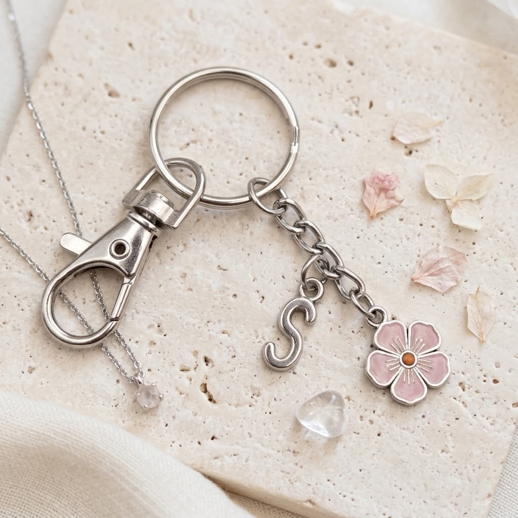 A silver-toned keychain with a lobster clasp, a letter charm, and a pink flower charm, displayed on a textured beige stone tile with dried petals.