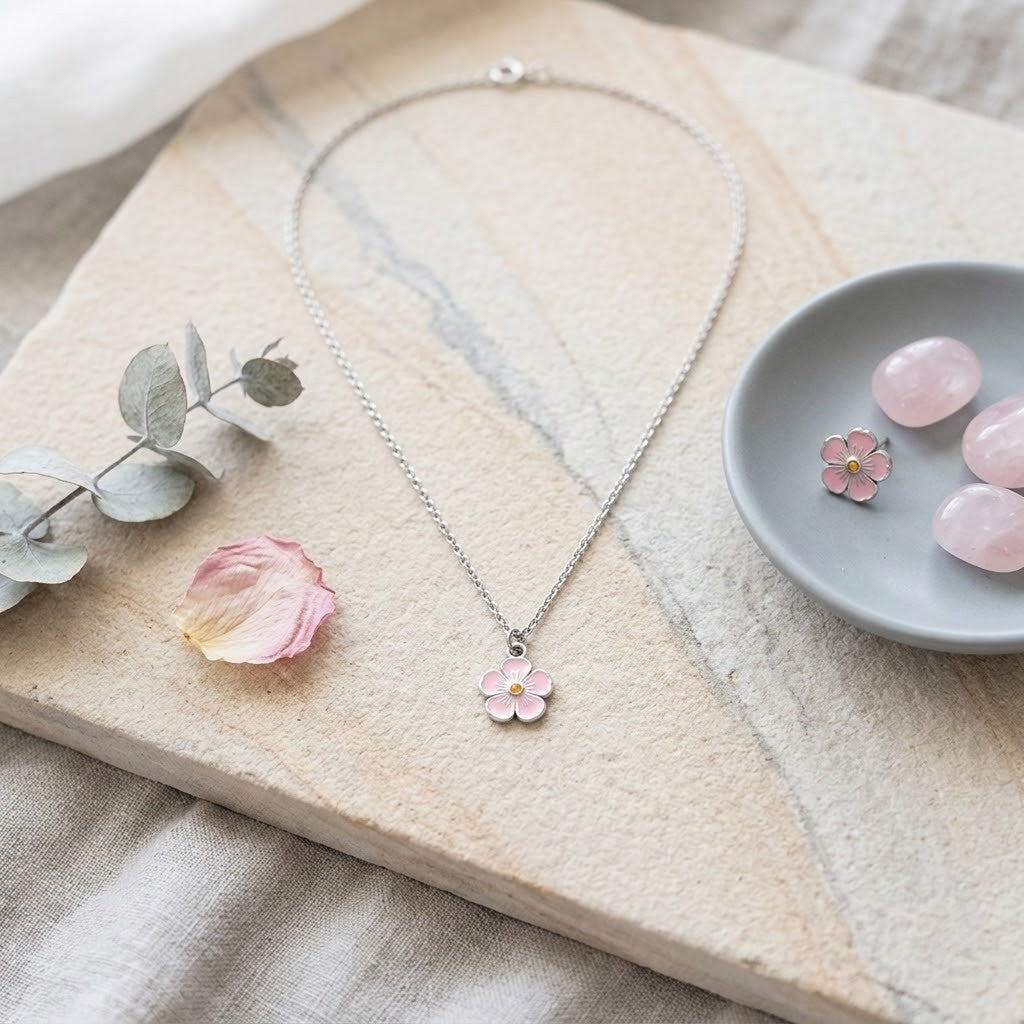 A delicate silver chain necklace with a small pink flower pendant, styled on a beige stone slab with a pink rose petal, eucalyptus leaves, and a small dish of pink stones.