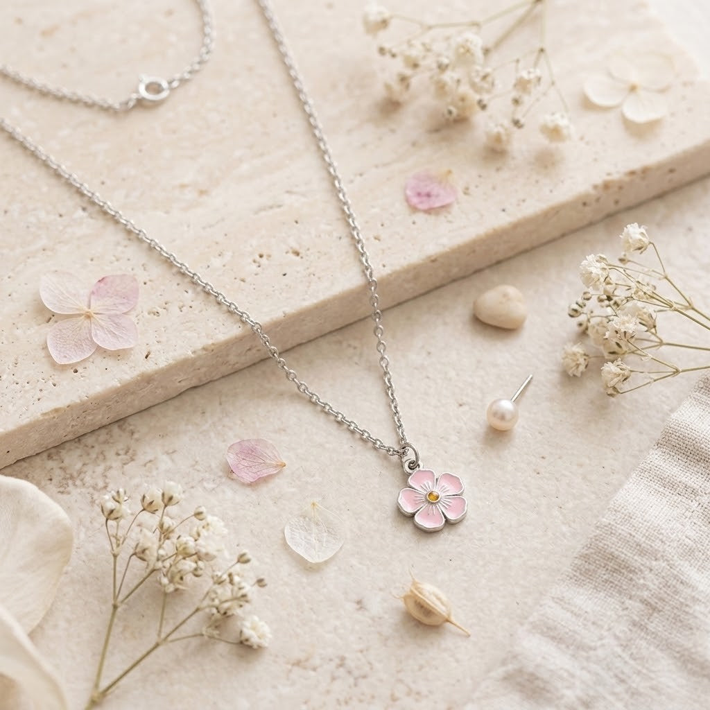A delicate silver chain necklace with a pink flower pendant, styled on a textured beige stone slab with dried flowers and petals.