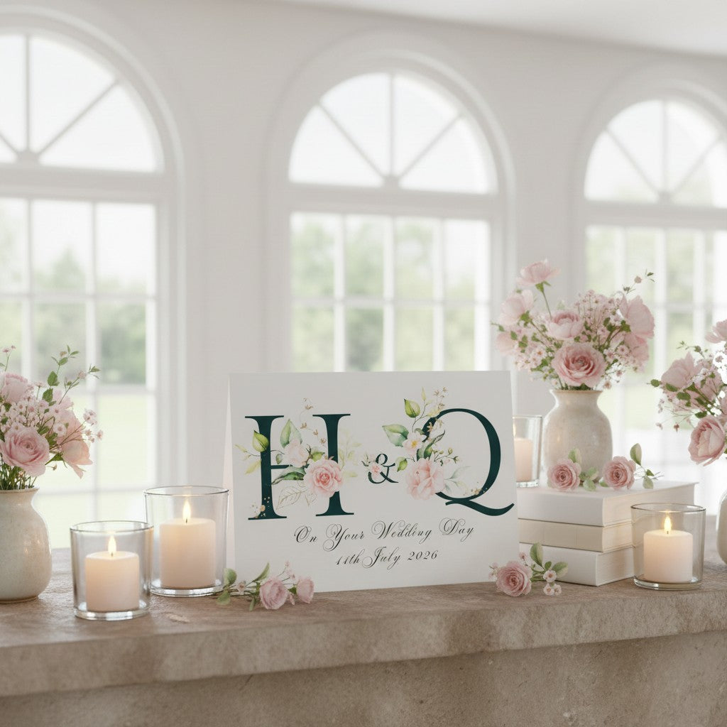 Decorative setup with candles, flowers, and a personalised initial wedding card in a bright room.