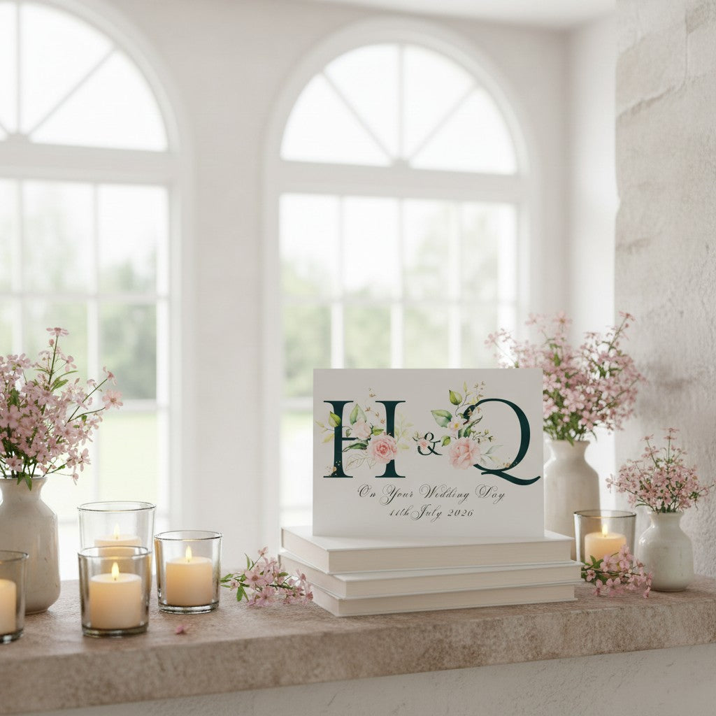 Decorative setup with candles, flowers, and a wedding card with initials 'H' and 'Q' in a bright room.