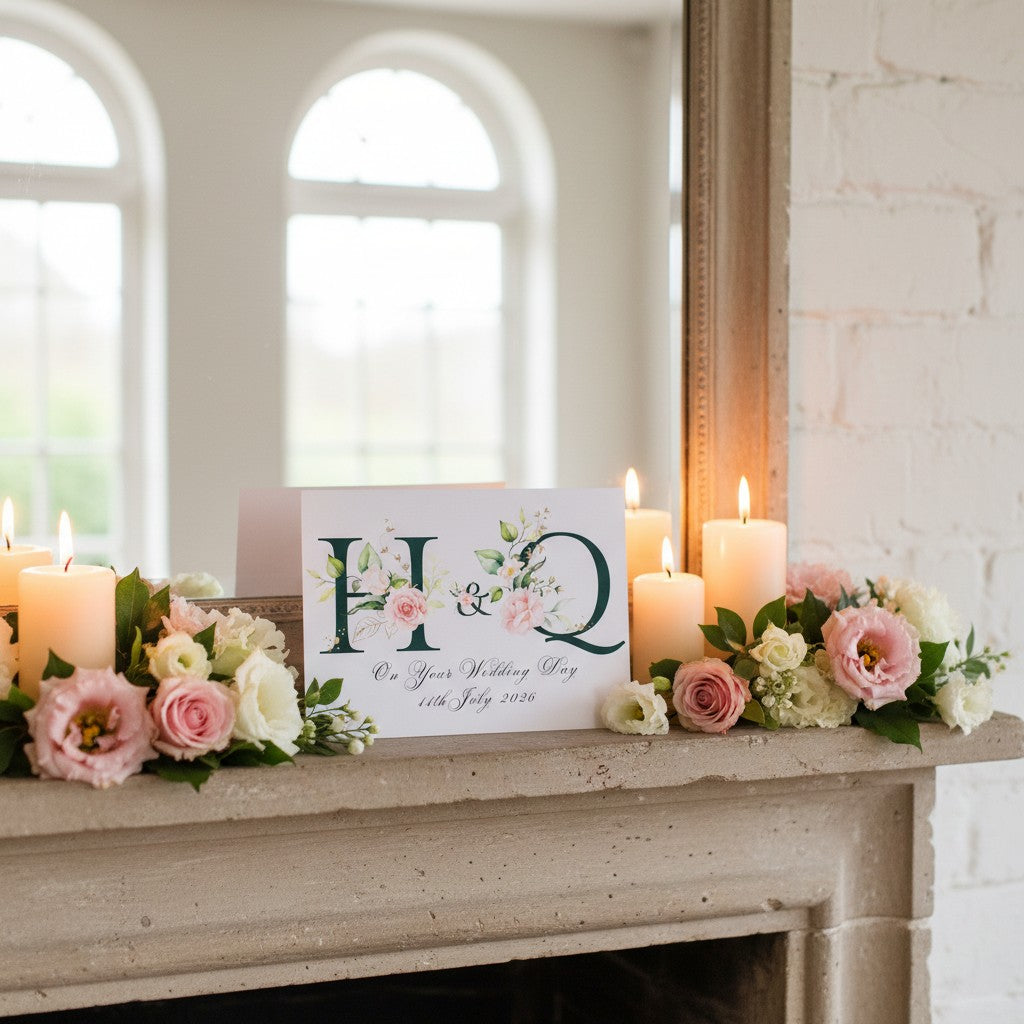Decorative setup with flowers, candles, and a wedding card on a fireplace mantle.