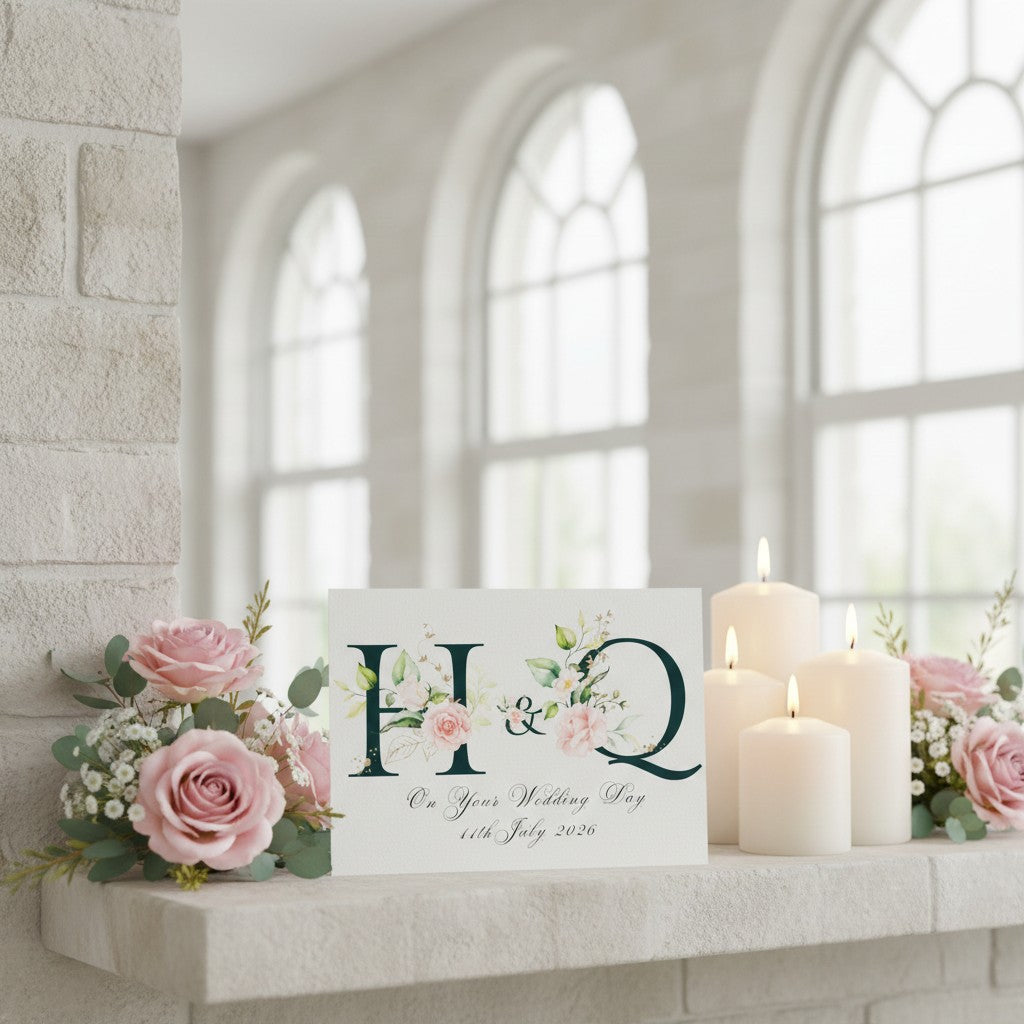 Decorative wedding card with floral initials 'H&Q' on a mantelpiece with candles and flowers.