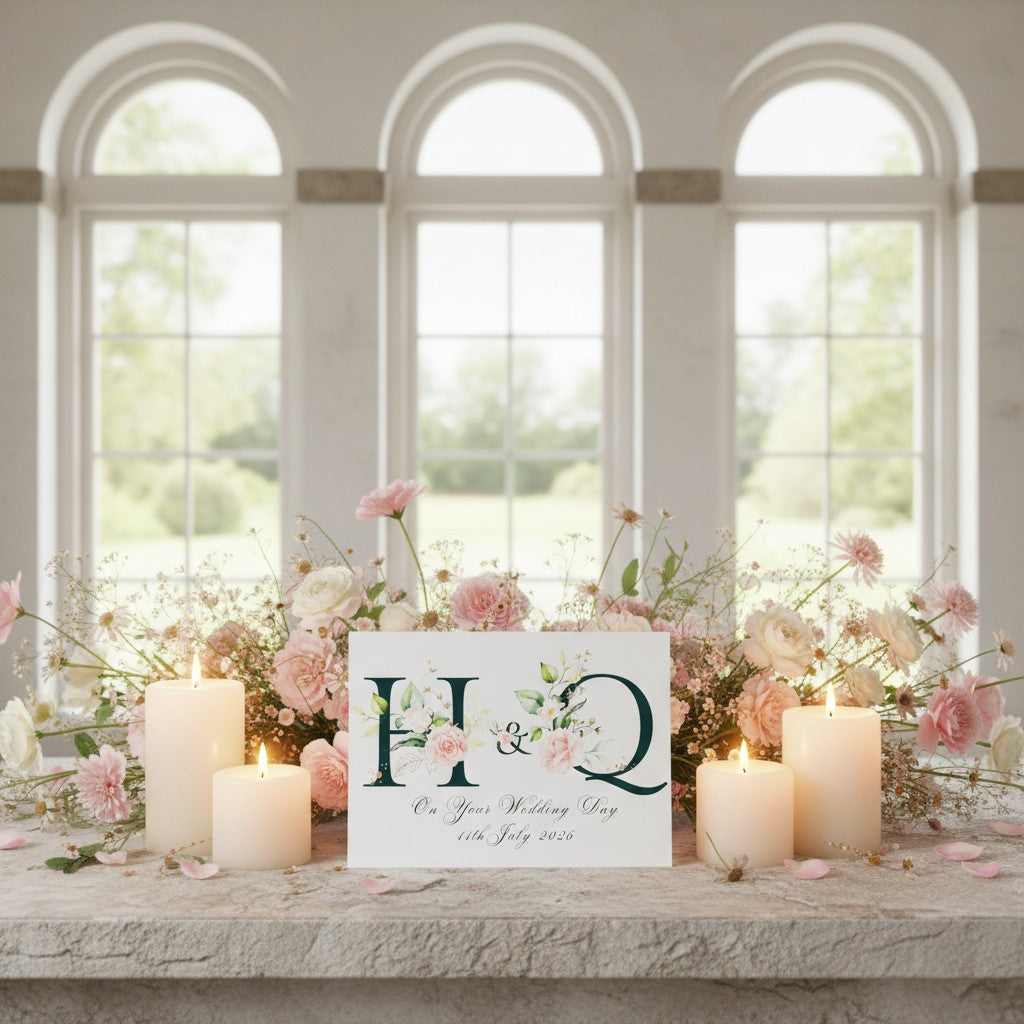 Decorative setup with candles, flowers, and a wedding card with initials in a room with large windows.