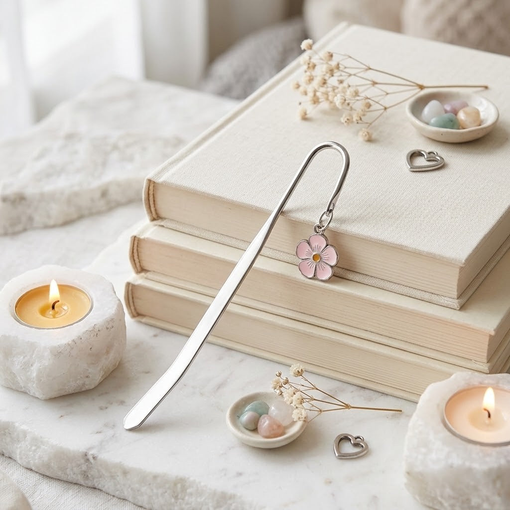 A silver metal bookmark shaped like a flower with a pink centre, resting on a stack of beige books on a marble surface, styled with candles, small bowls, and dried flowers.