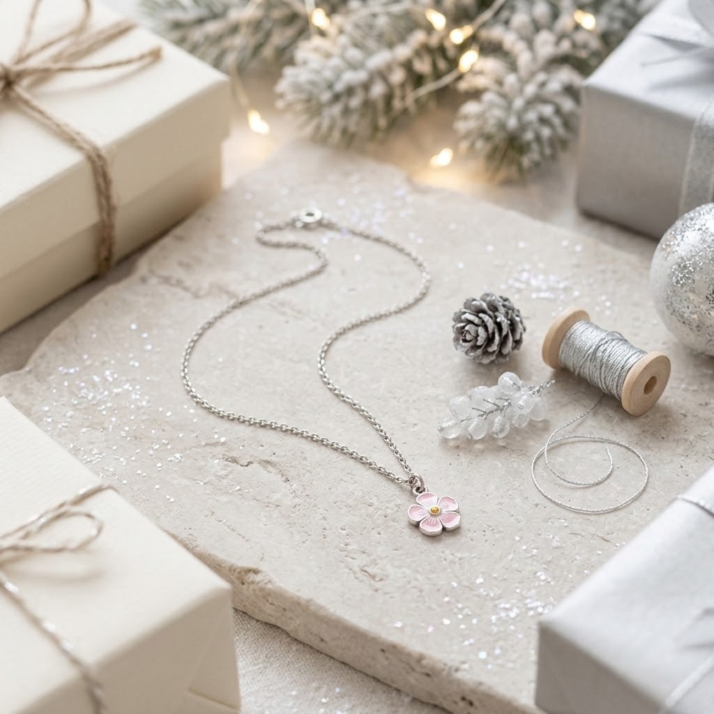 A delicate silver necklace with a small pink flower pendant is displayed on a textured stone surface, surrounded by holiday-themed props including gift boxes, a pinecone, a spool of silver thread, and soft fairy lights in the background.
