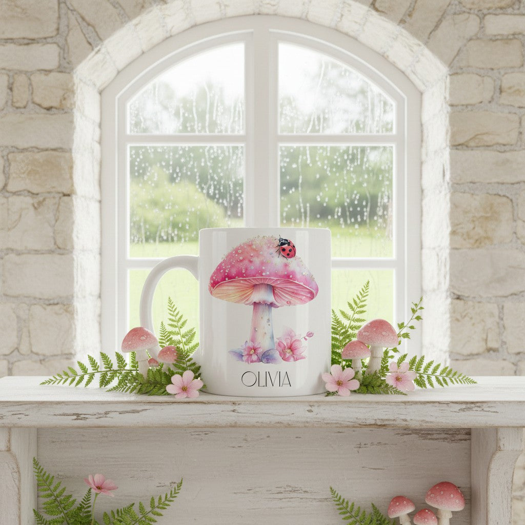 Mug with pink mushroom and ladybird design and 'Olivia' branding on a windowsill with decorative elements.