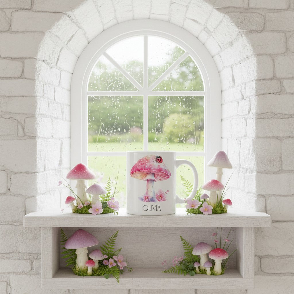 Decorative shelf with mushroom themed items and ladybird mug in front of a window with a white stone wall background.
