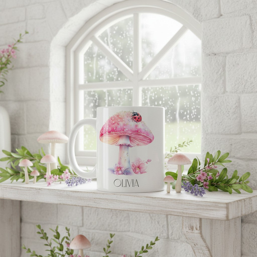 Mug with a pink mushroom and ladybird design on a decorative shelf with flowers and a window in the background.