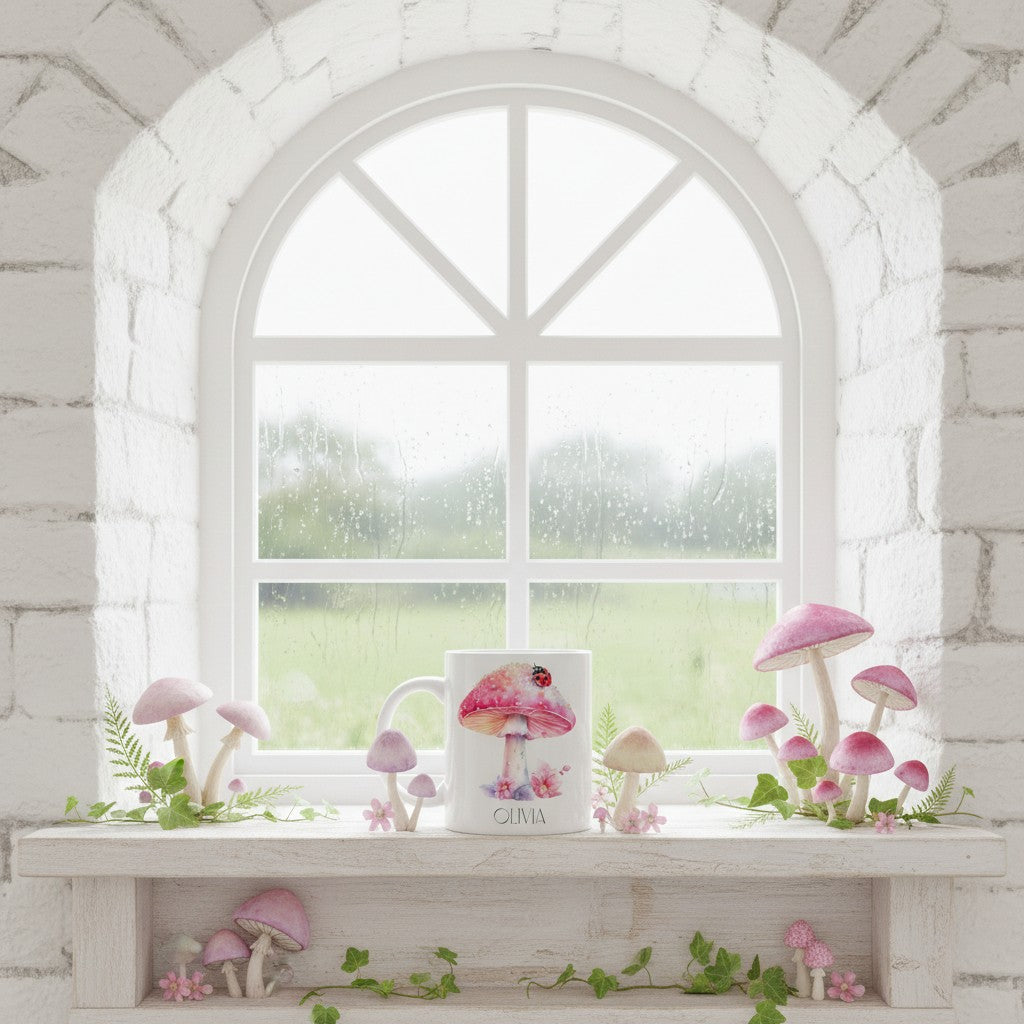 Decorative setup with mushrooms and a ladybird mug on a windowsill in a white-walled room.