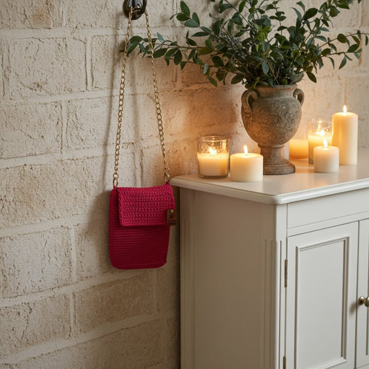 Pink woven handbag hanging on a brick wall next to a white cabinet with candles and a plant.