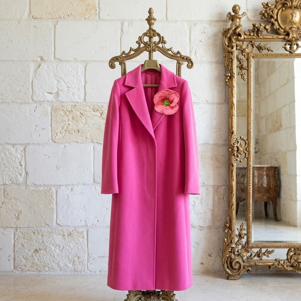 A bright pink wool coat with notched lapels hangs on an ornate gold hanger against a light stone wall, with a large gold mirror on the right and a pink flower pin on the chest.