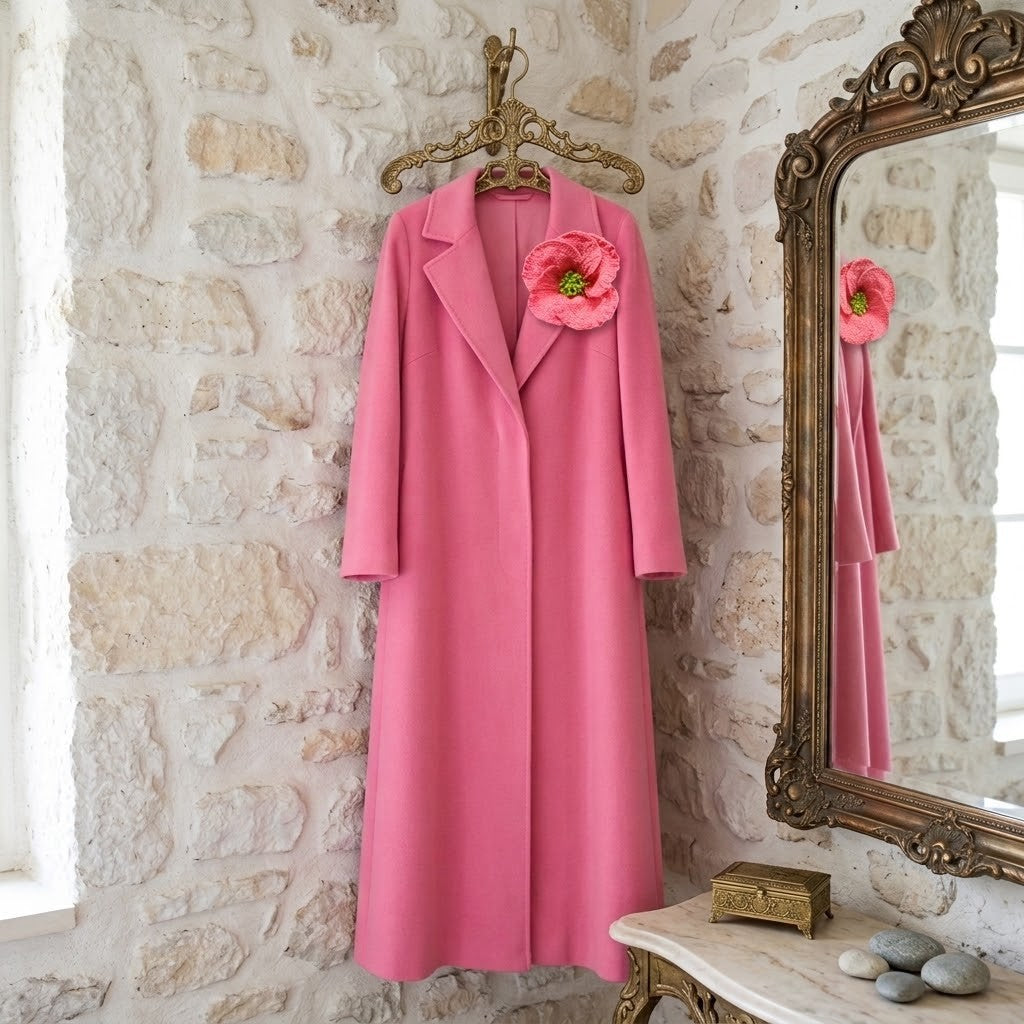 A long pink coat hangs on a decorative gold hanger against a rustic stone wall, with a large ornate mirror to the right reflecting the coat and a pink flower pinned near the chest.