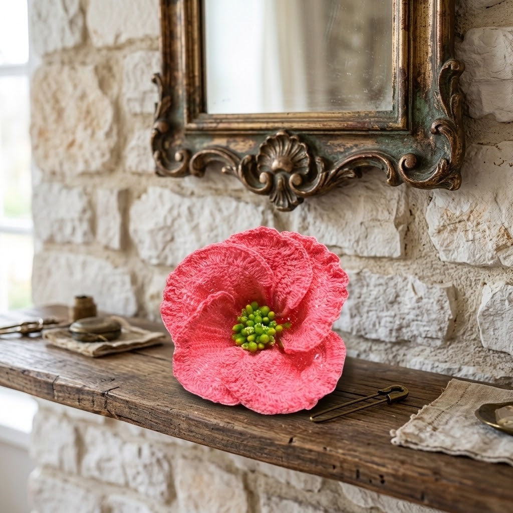 A large, textured pink flower-shaped brooch with a green bead centre sits on a rustic wooden mantel against a white stone wall, with an ornate mirror frame hanging above.
