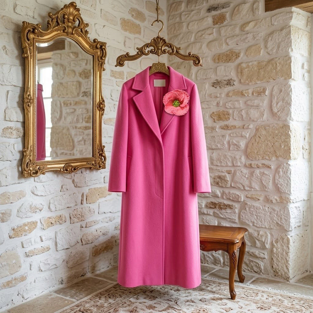 A bright pink mid-length coat hanging on a wooden hanger against a white stone wall, decorated with a pink flower brooch on the lapel. A gold-framed mirror and a small wooden stool are visible in the room.