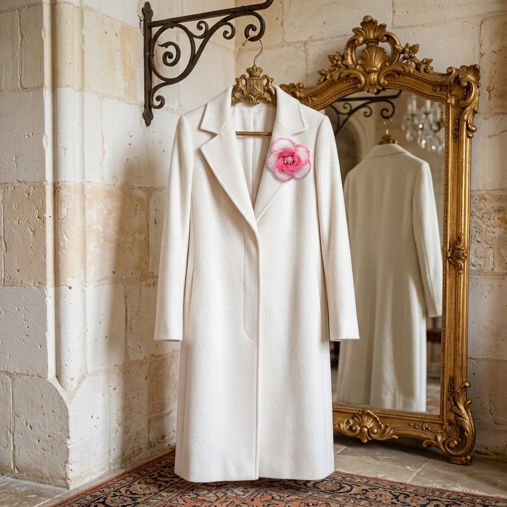 A long white coat hangs on a hanger against a stone wall, with a pink flower brooch pinned at the chest and an ornate gold mirror reflecting the back of the coat.