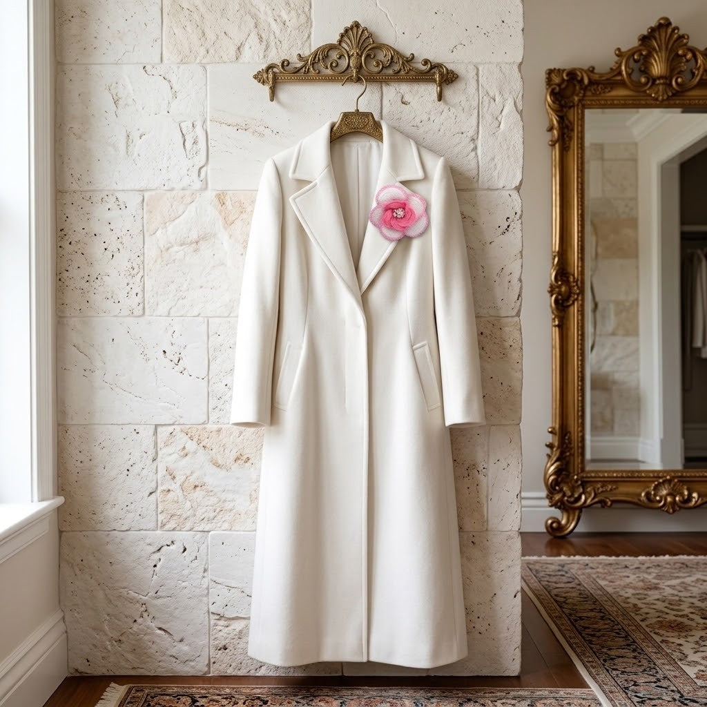 A long cream-coloured wool coat with a large pink flower brooch accent on the chest, hanging on a decorative gold wall rack against a textured stone wall.