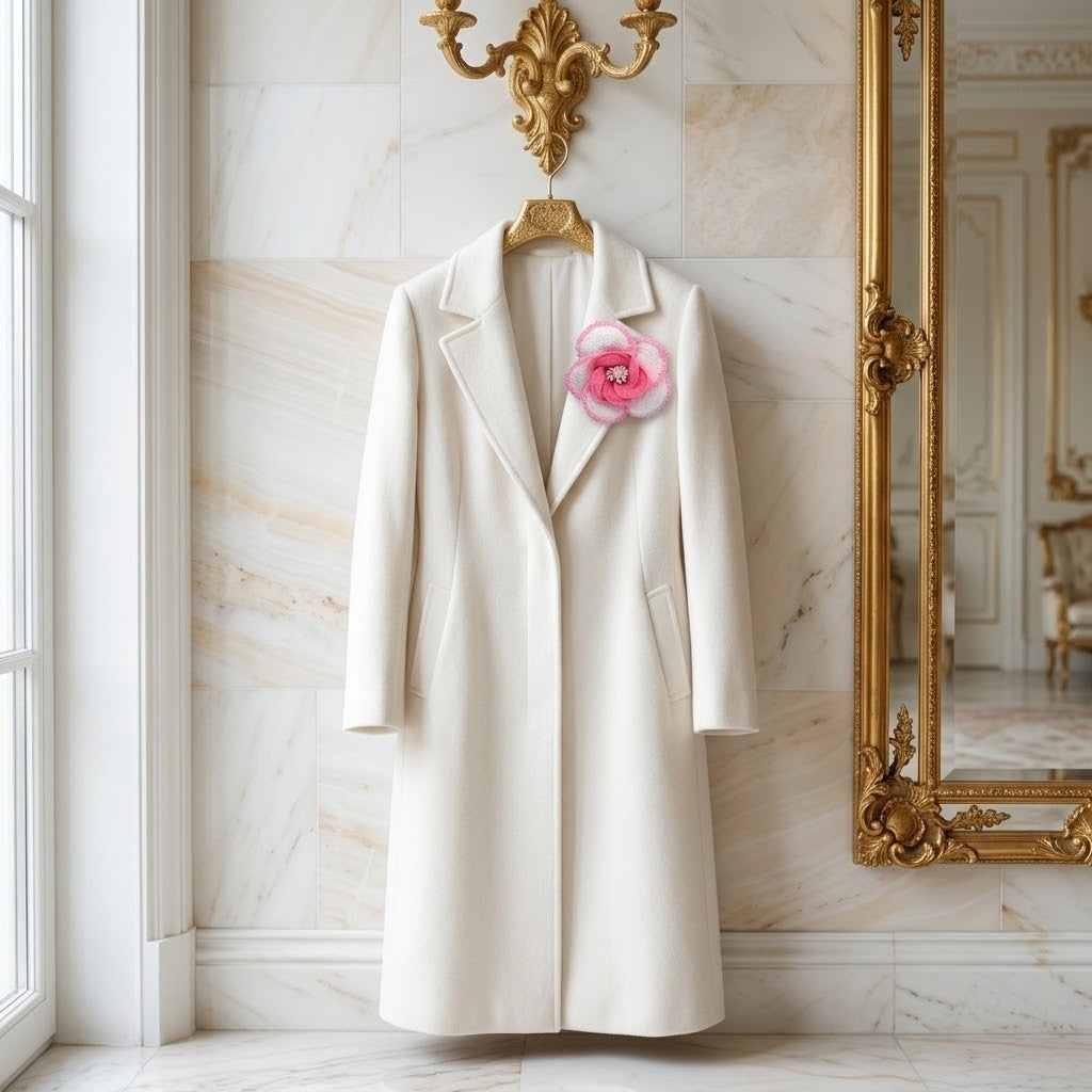 An off-white long coat with a pink fabric flower accessory pinned to the lapel, hanging on a gold hanger against a marble wall next to a gold mirror.