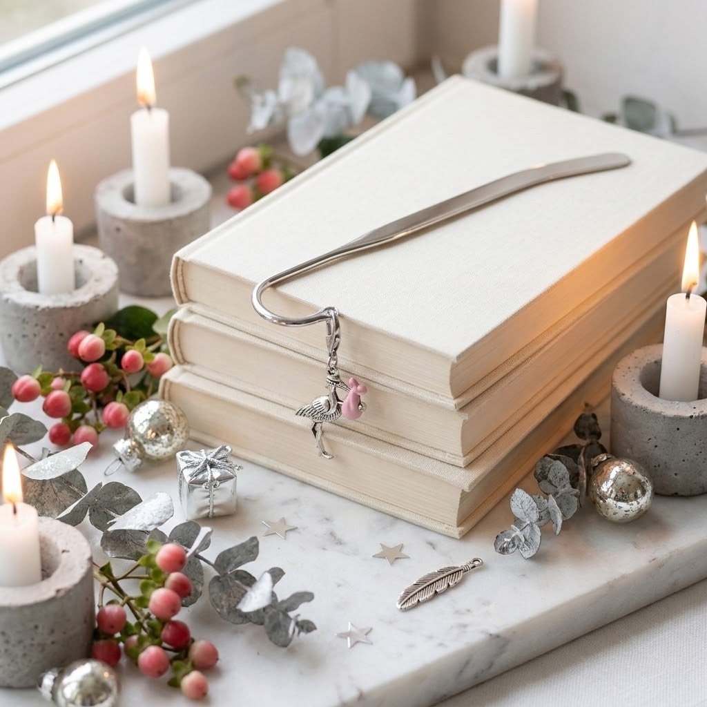 A silver metal bookmark with a pink stork charm rests on a stack of cream-colored books, styled on a marble tray with candles, berries, and decorative ornaments.