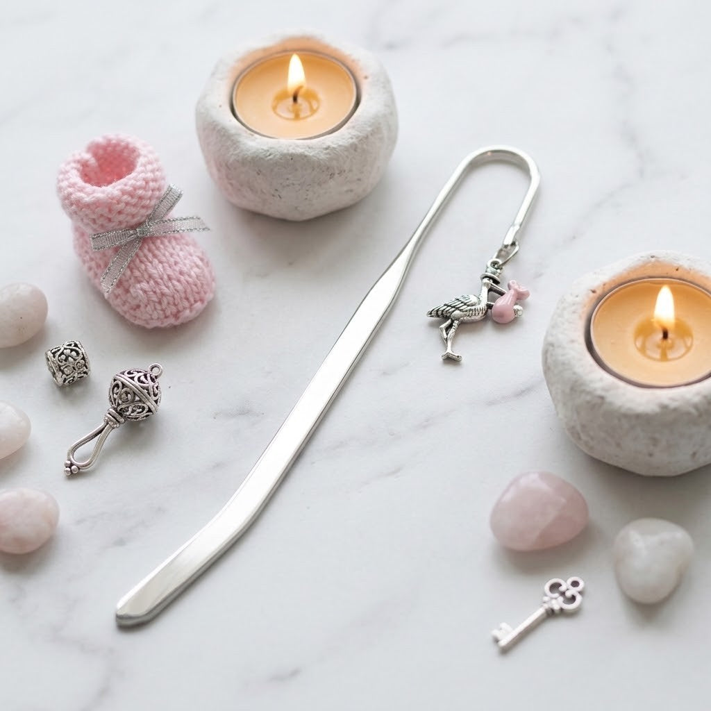 A silver metal bookmark with a pink stork charm, styled on a white marble surface with a pink knit bootie, candles in stone holders, and small decorative accessories.