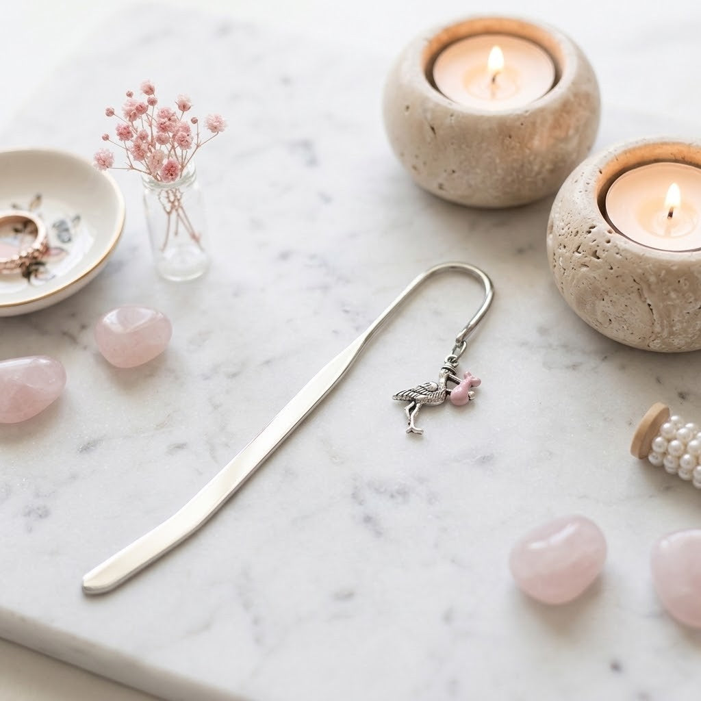 A silver metal bookmark with a pink stork charm displayed on a white marble surface with pink rose quartz stones, candles, and dried flowers.