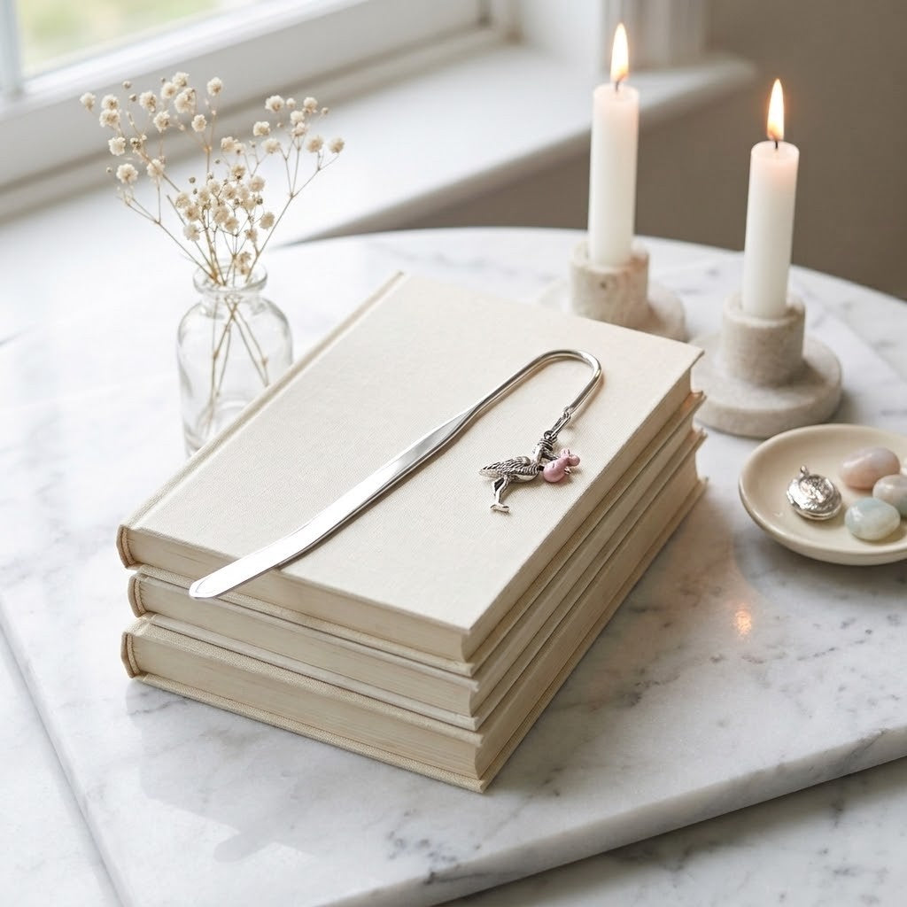 A silver metal bookmark with a pink stork charm on a stack of cream-coloured books on a white marble surface. The scene is styled with a glass vase of dried baby's breath, two lit white candles, and a small dish with stones near a window.