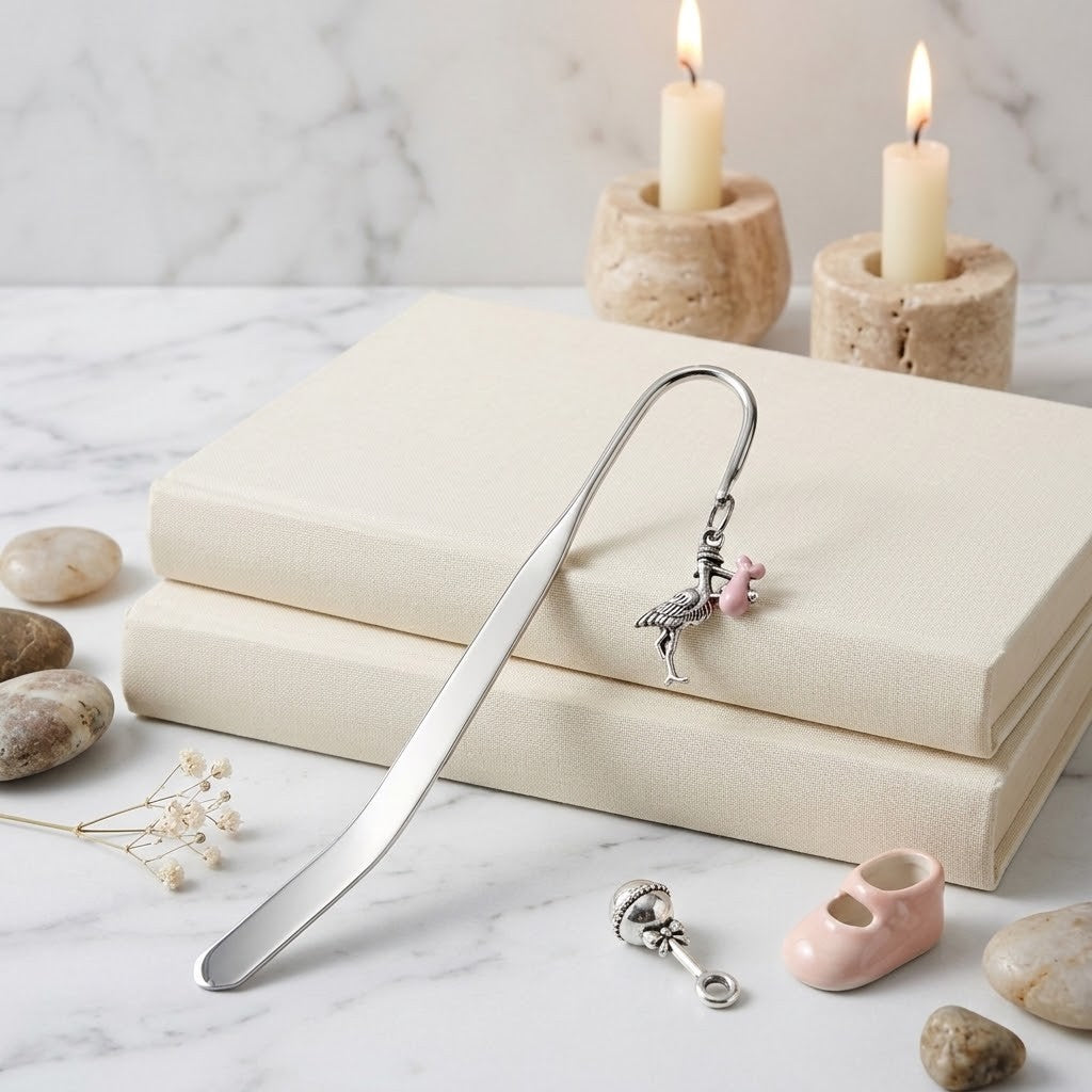 A silver metal bookmark with a small pink stork charm rests on two cream-coloured books on a marble surface, styled with candles, stones, and a tiny pink boot accessory.