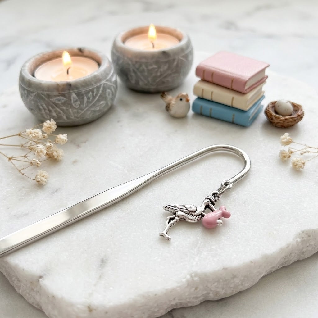 A silver metal bookmark with a pink stork charm, displayed on a white marble tray with decorative candles, miniature books, and dried flowers.