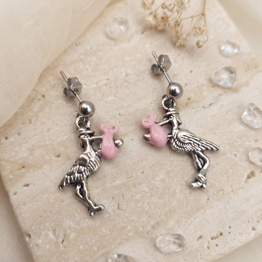 Handmade Pink Stork Earrings – Unique Gift for Baby Showers