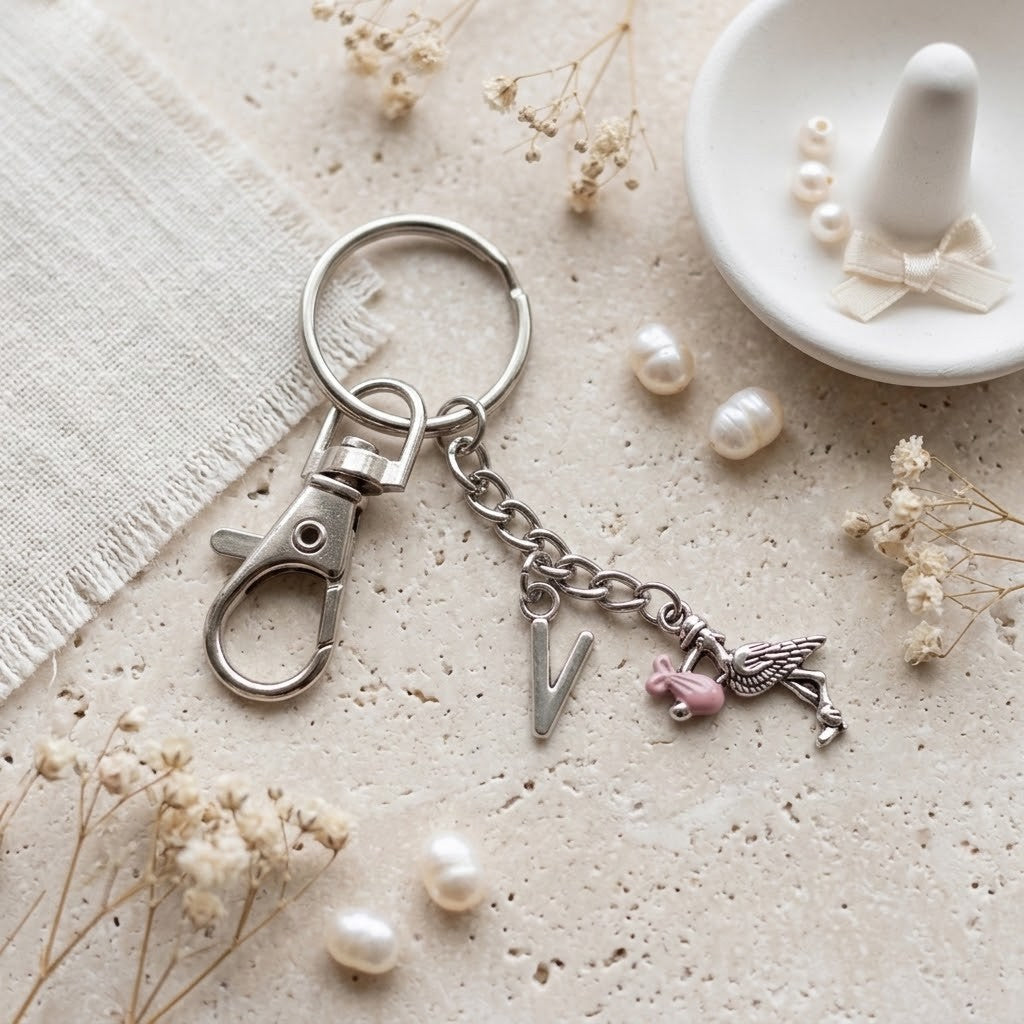 A silver-toned keychain with a lobster clasp, a letter V charm, a pink stork charm, and a bird charm, styled on a textured beige surface with dried flowers and pearls.