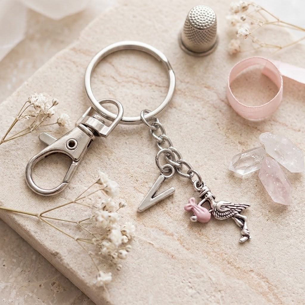 A silver-toned metal keychain with a lobster clasp, split ring, letter V charm, and a pink stork charm, styled on a beige stone tile with dried flowers and crystals.