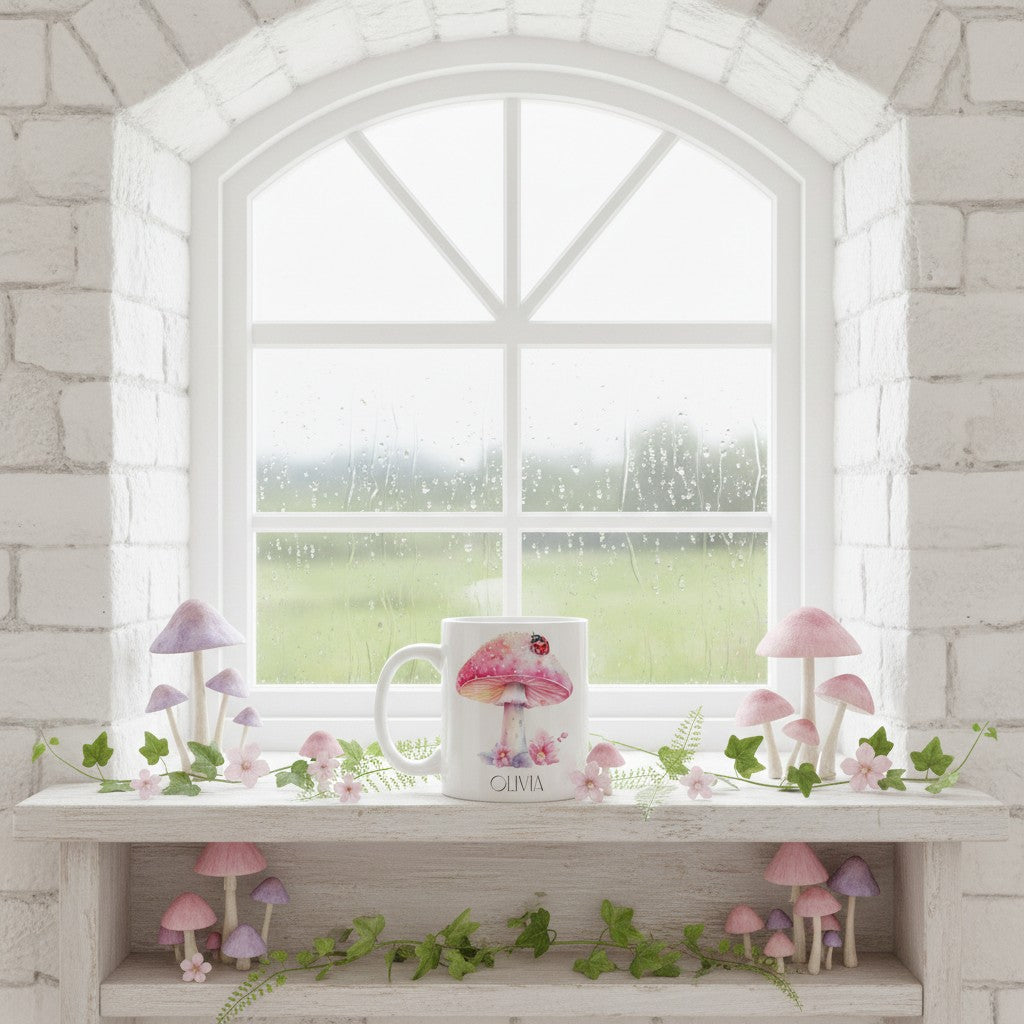 Decorative shelf with a ladybird mug, mushrooms, and plants in front of a window.