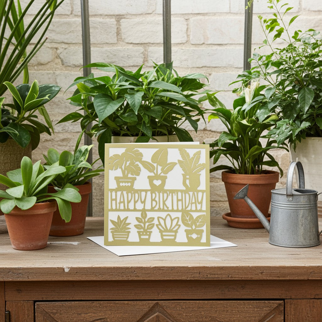 A square greeting card with a gold plant pattern and 'HAPPY BIRTHDAY' text sits on a wooden table surrounded by potted green plants and a metal watering can.