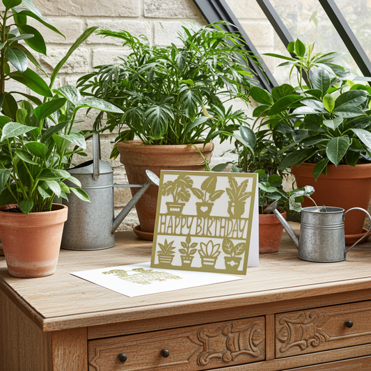 A gold 'Happy Birthday' greeting card with potted plant illustrations stands on a wooden cabinet in a garden-style setting surrounded by potted plants, watering cans, and a stone wall.