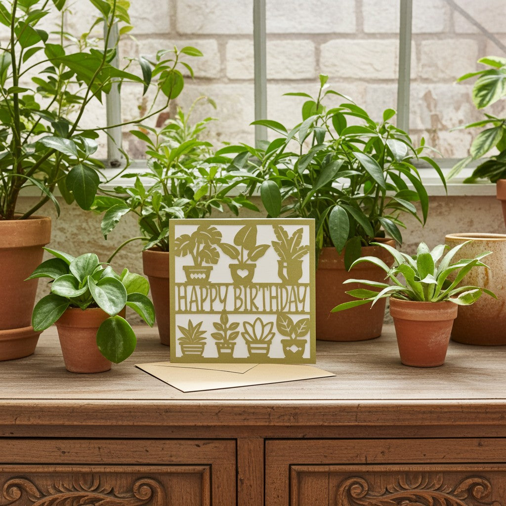 A square greeting card with a kraft envelope sits on a wooden cabinet, surrounded by potted green plants in terracotta pots against a light stone wall.