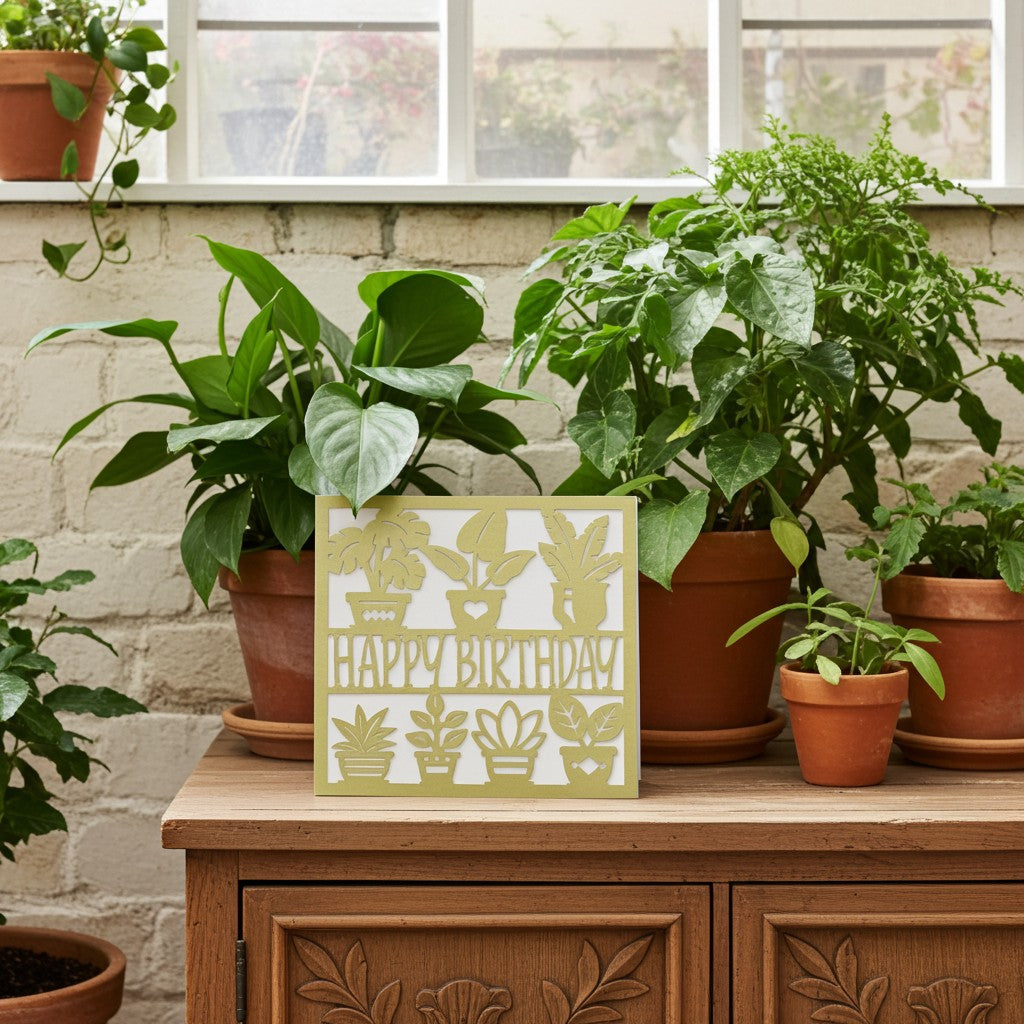 A square decorative greeting card reading “HAPPY BIRTHDAY” with gold potted plant illustrations on a white background, displayed on a wooden cabinet among several green potted plants in front of a white brick wall and window.