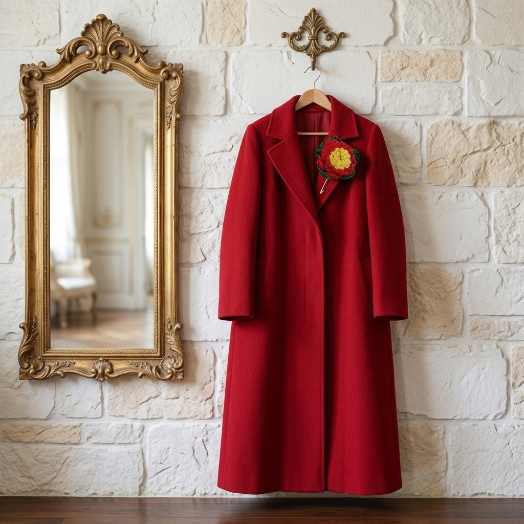 A long red wool coat hangs on a wooden hanger against a light stone wall, with a decorative gold mirror on the left and a small floral pin on the chest.