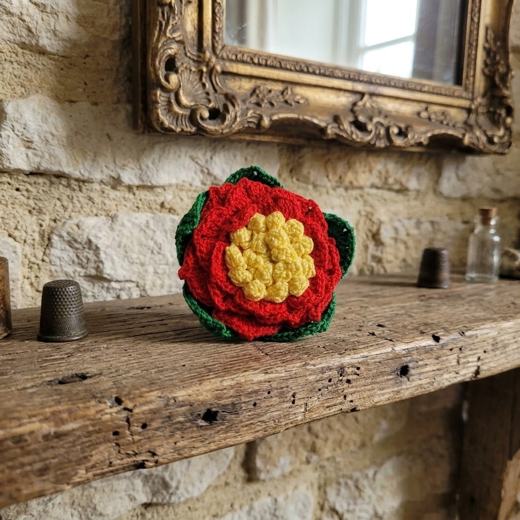 A crocheted flower brooch with red petals, a yellow center, and green leaves, displayed on a rustic wooden mantelpiece against a stone wall.