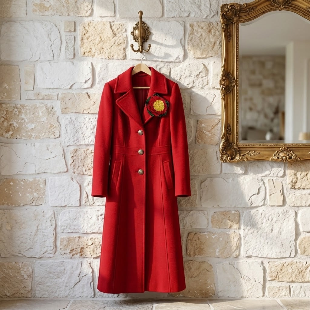 A long red coat hangs on a wall hook against a light stone wall, with a gold ornate mirror partially visible on the right. The coat has wide lapels, front buttons, patch pockets, and a round poinsettia brooch